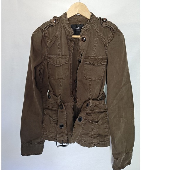 Sanctuary Clothing Military Style Jacket Brown Green Utility Belted Ruffle S M - Picture 3 of 9